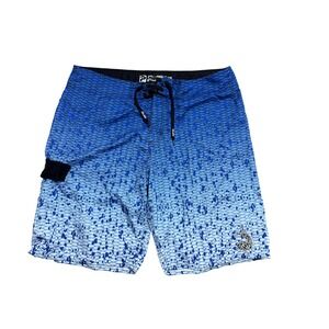 Pelagic Board Shorts Mens 36 Blue Fish Scale Print Drawstring Back Pocket Ocean